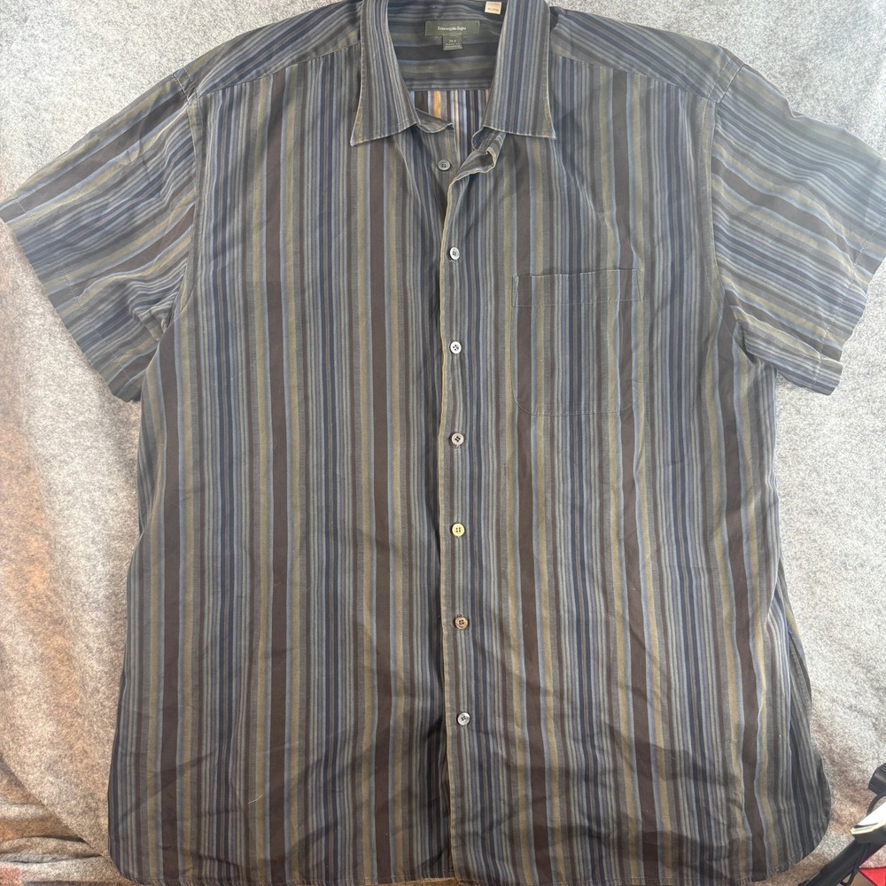 Ermenegildo Zegna Shirt VTG Mens 2XL Brown Grey Multi Stripe Short Sleeve Cotton